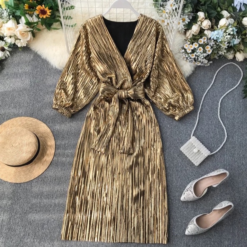 Gold Flirty V-Neck Dress